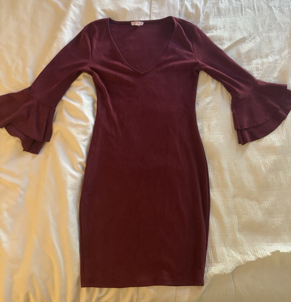 A'gaci Maroon Burgundy Dress Wine Medium Bell Sleeve Mini Fall Bodycon